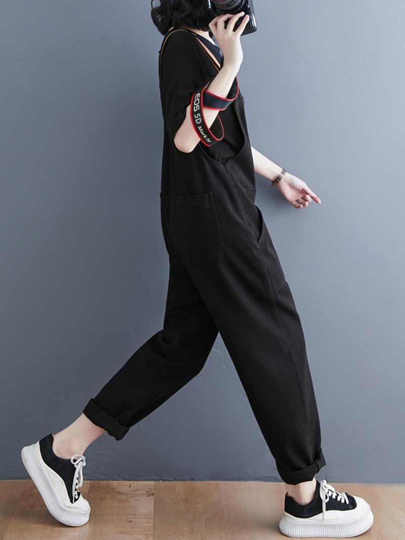 Denim Loose Shoulder Strap Large Size Black Overalls - Fashionpara