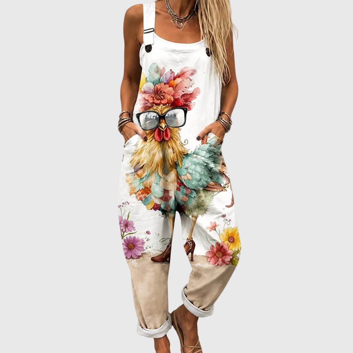 Chicken Print Sleeveless Wide Leg Overall Jumpsuit