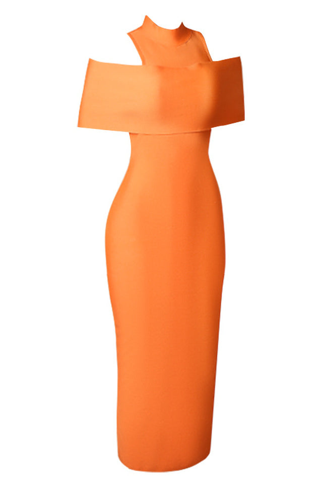 Cold Shoulder High Neck Foldover Bodycon Midi Dress