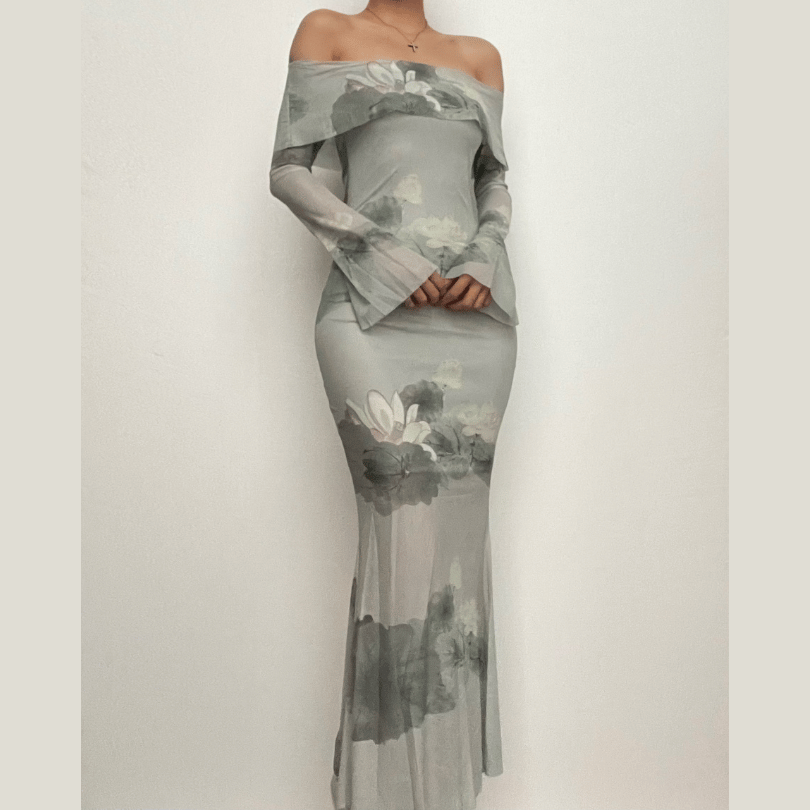 Floral Off Shoulder Long Sleeve Mermaid Maxi Dress