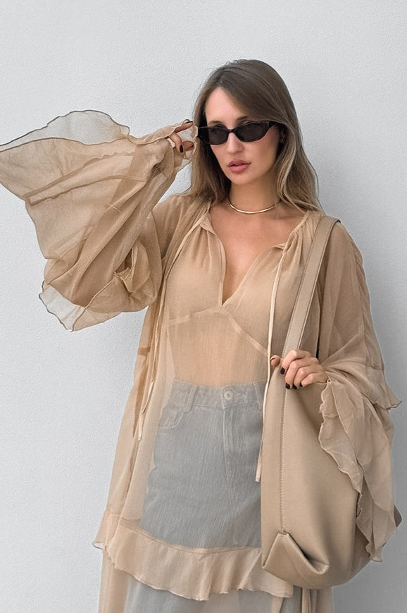 Chiffon Tiered Ruffle Long Sleeve Sheer Maxi Dress 4