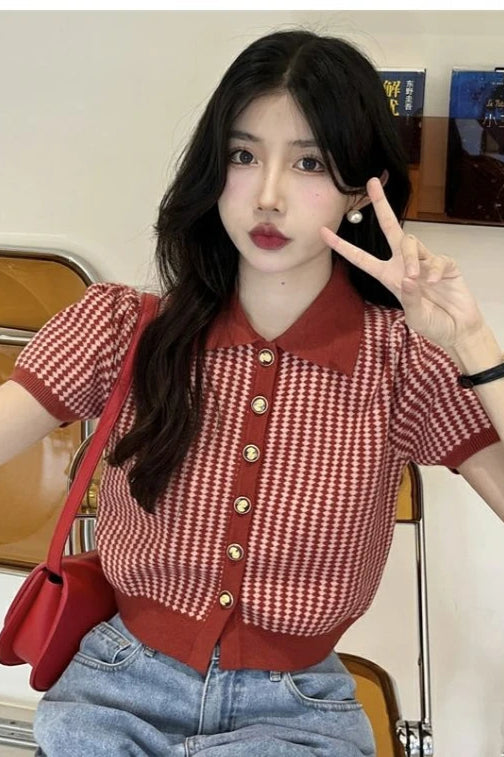 Thin Knit Turn-down Collar Short Sleeve Cardigan 15