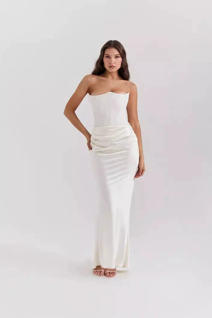 Satin Strapless Corset Ruched Mermaid Maxi Gown