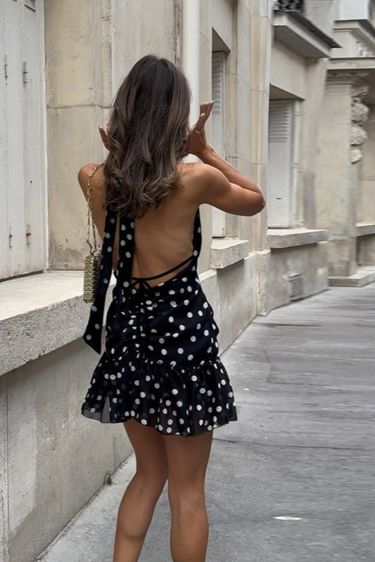 Polka Dot Plunge Halter-Neck Ruffle-Hem Mini Dress