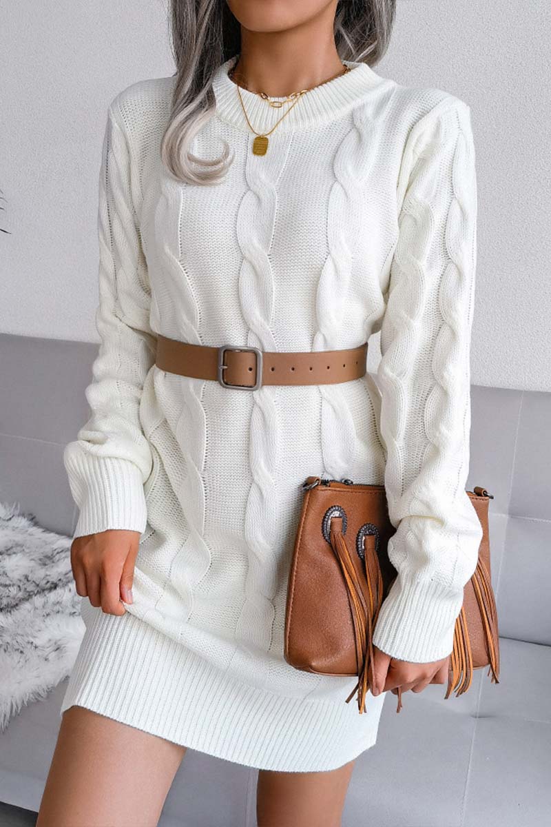 Solid Cable-knit Round Neck Sweater Dress  Fashionpara