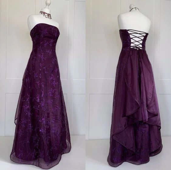 A Line Strapless Grape Lace Long Prom Dresses Evening Dress - Fashionpara