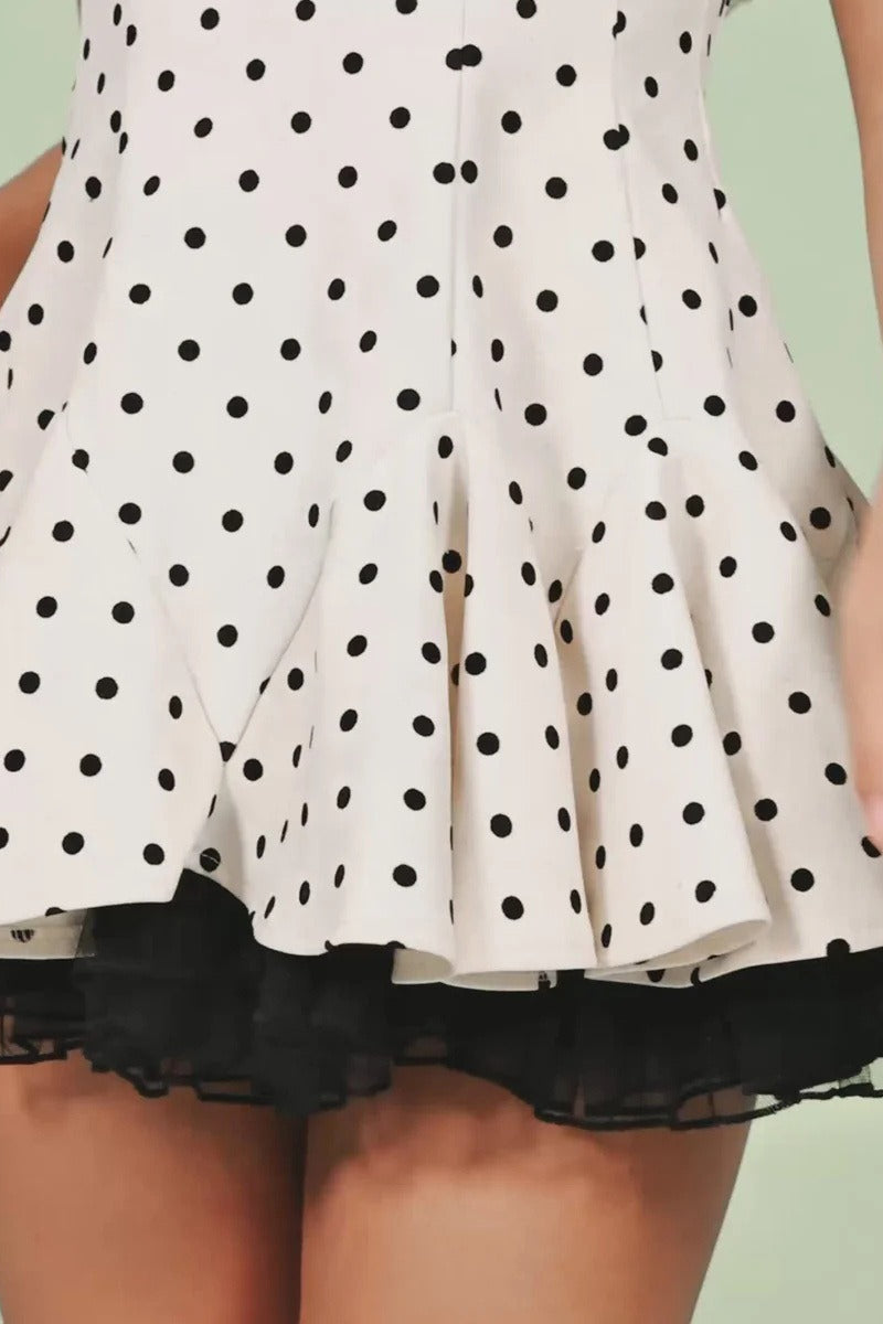 Vintage Polka Dot Bow Collar Ruffled Mini Dress