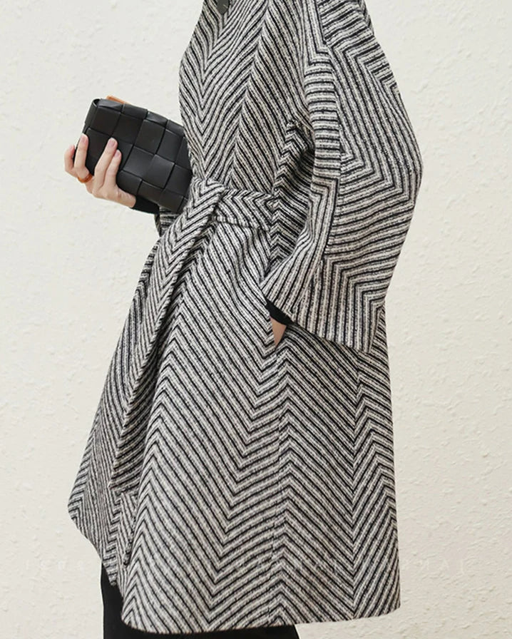 Zigzag Woolen Sashes A-Line Overcoat - Fashionpara