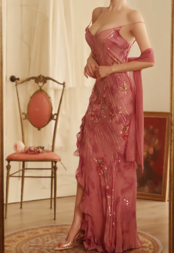 Elegant Rose Pink Mermaid Deep V-neck Thin Strap Chiffon Long Prom Dress Evening Dress P4330