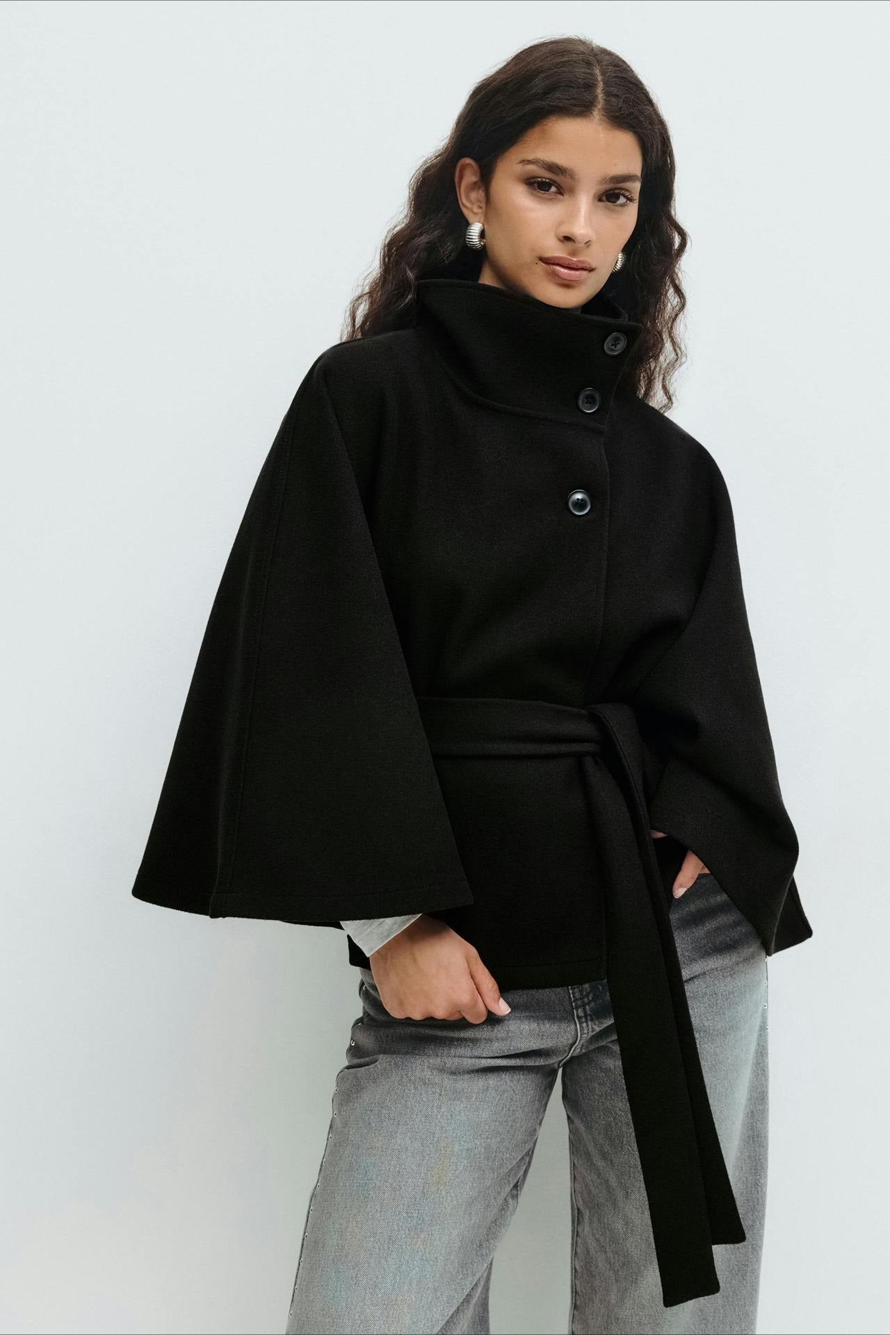High Neck Button Detail Batwing Sleeve Coat - Fashionpara