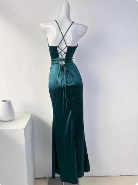 Simple Green Mermaid Pleated Crisscross Sash Slit Satin Long Prom Dress Evening Dress Bridesmaid Dress P4331