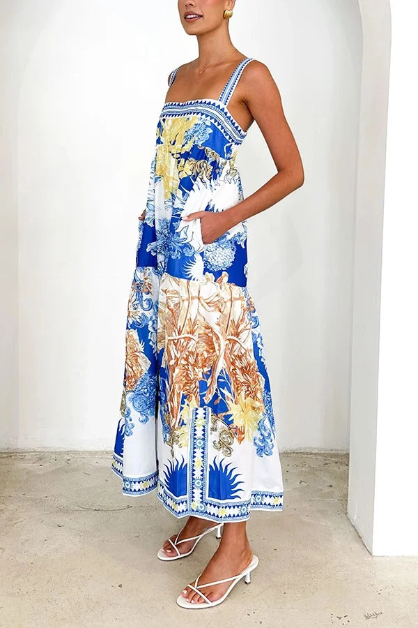 Unique Printed Square Neck Backless Pocket Maxi Dress - Fashionpara