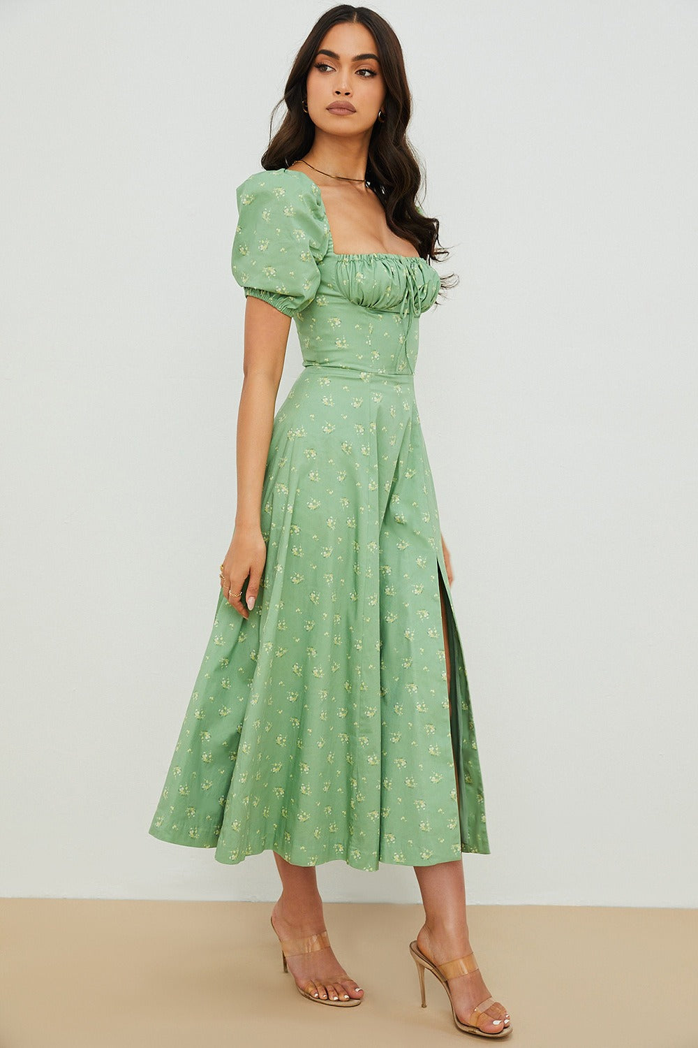 Puff Sleeve Wrap Slit Maxi Floral Dress