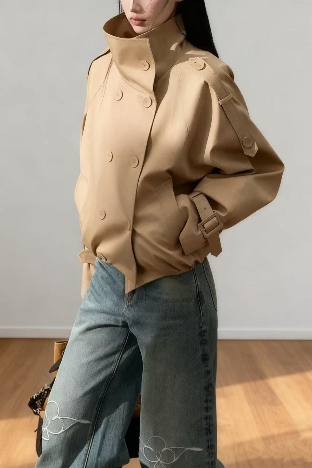 Stand Collar Double Breasted Khaki Cropped Coat