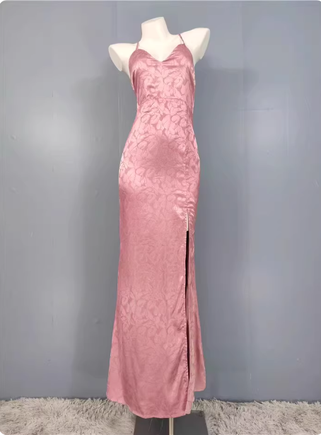 Sweet Pink Mermaid Cross-ribbon Embroidered Satin Slit Long Prom Dress Evening Dress P4333