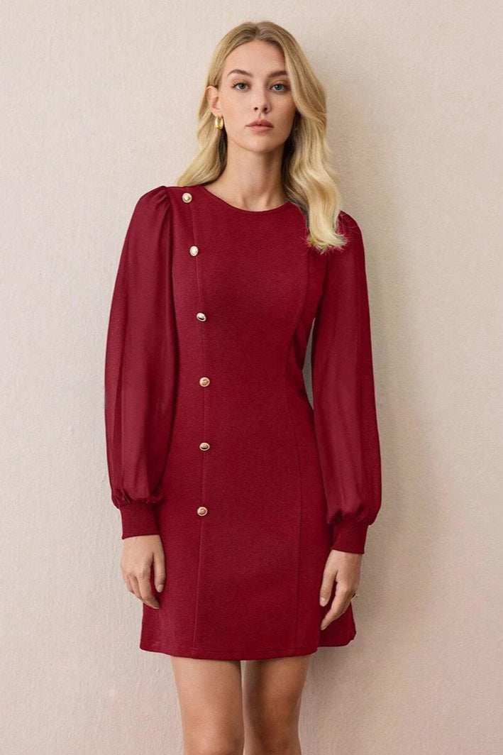 Crew Neck Button Mini Dress