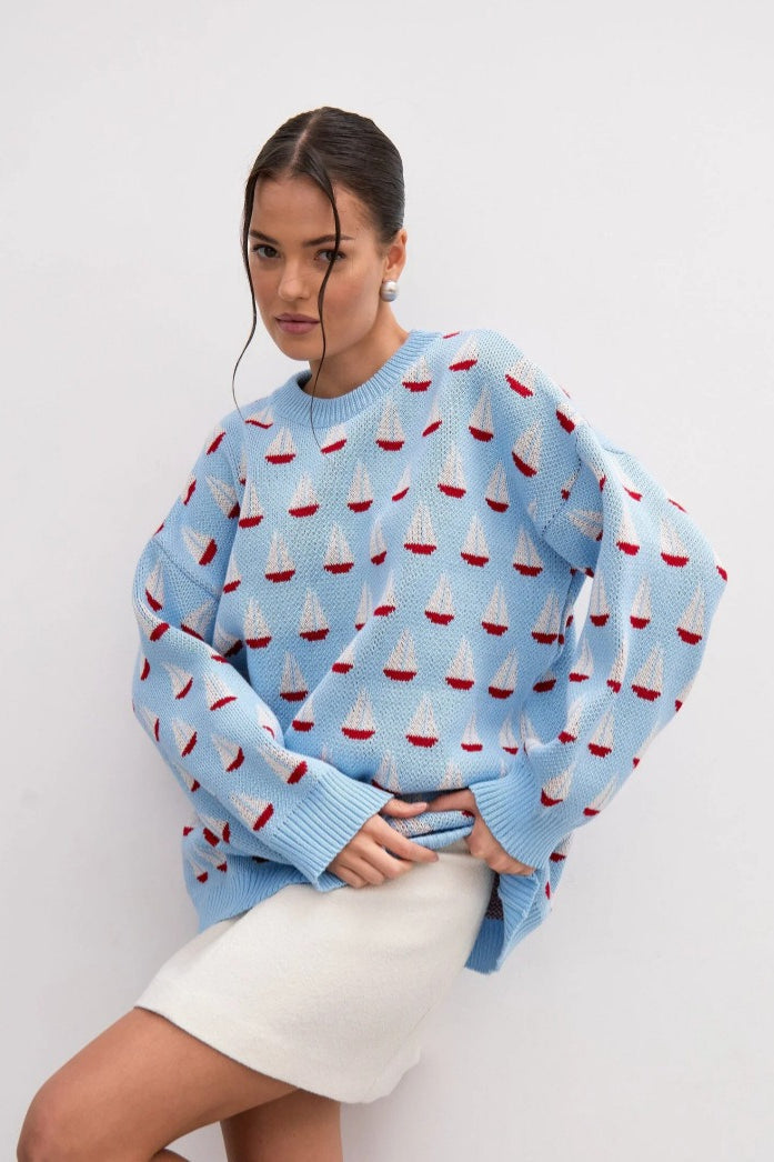 Casual Sailboat Jacquard Pullover Sweater