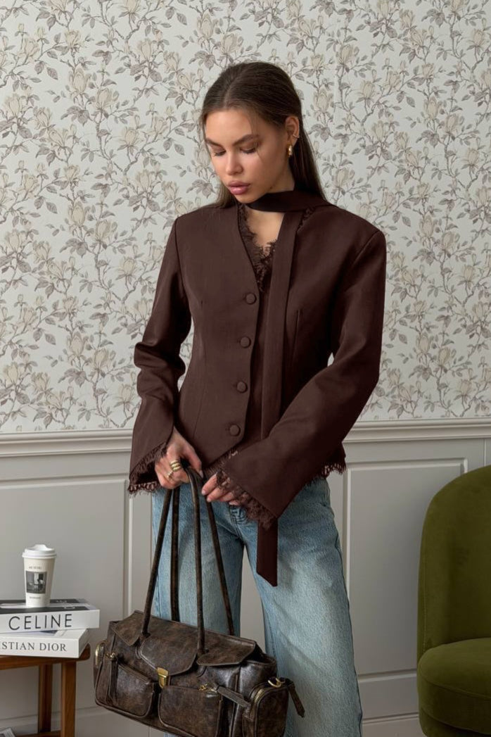 Lace Trim Stand Collar Fitted Blazer 2