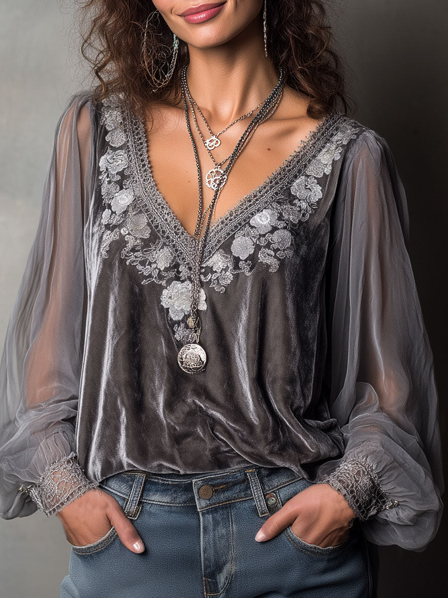 Vintage Grey Embroidered Velvet Blouse With Lace And Sheer Balloon Sleeves - Fashionpara