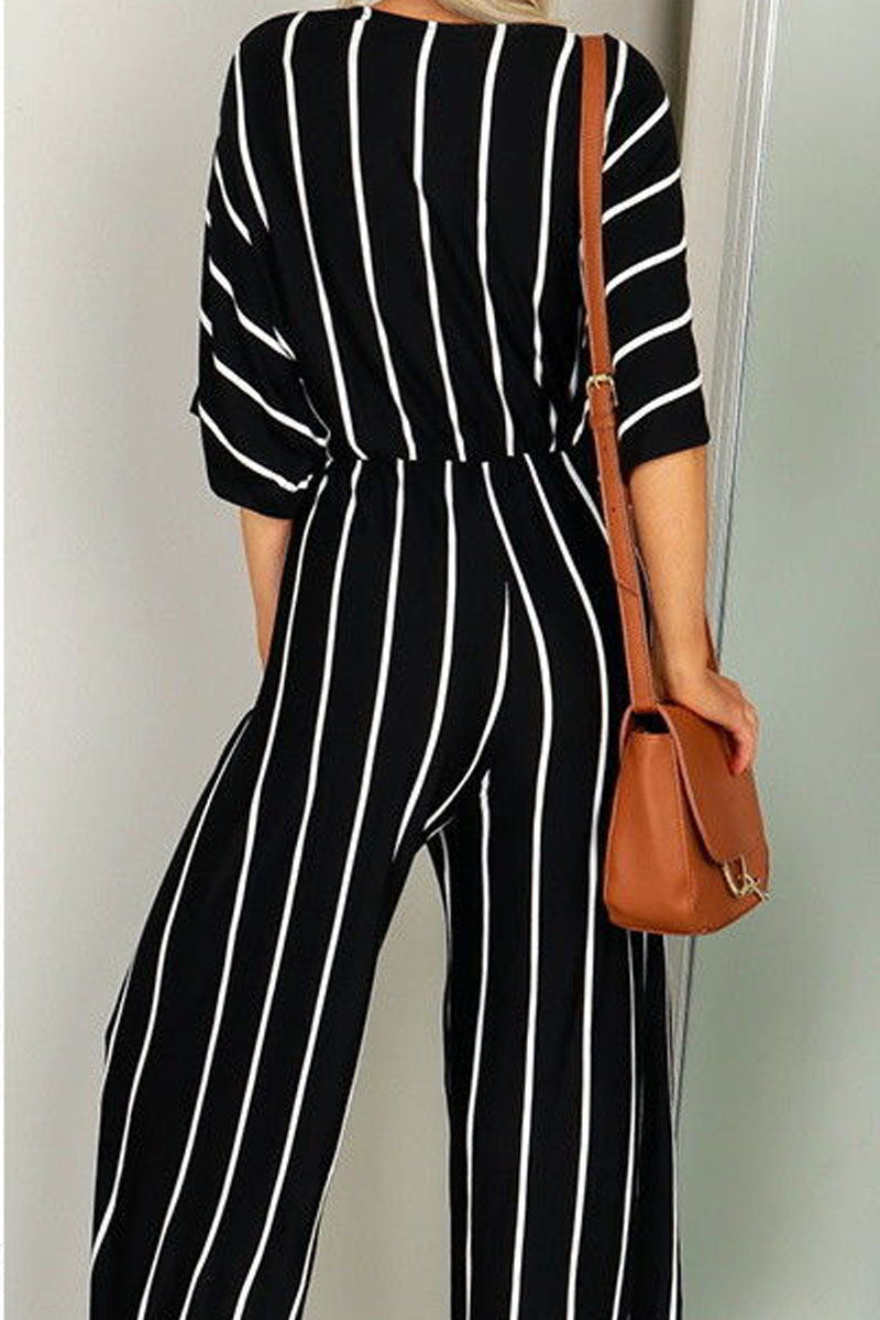 V-neck Wide-leg Striped Jumpsuit - Fashionpara