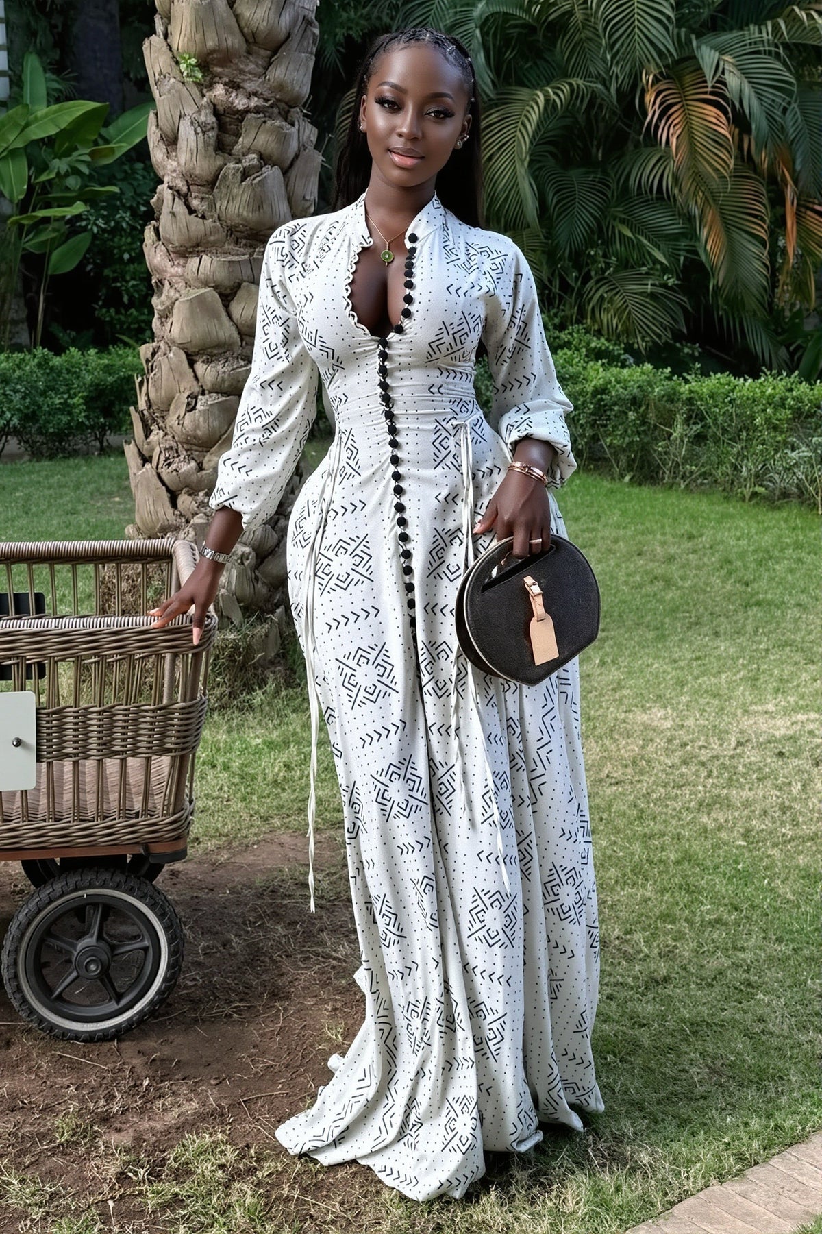 Geometric Print Button Front Long Sleeve Maxi Dress 5