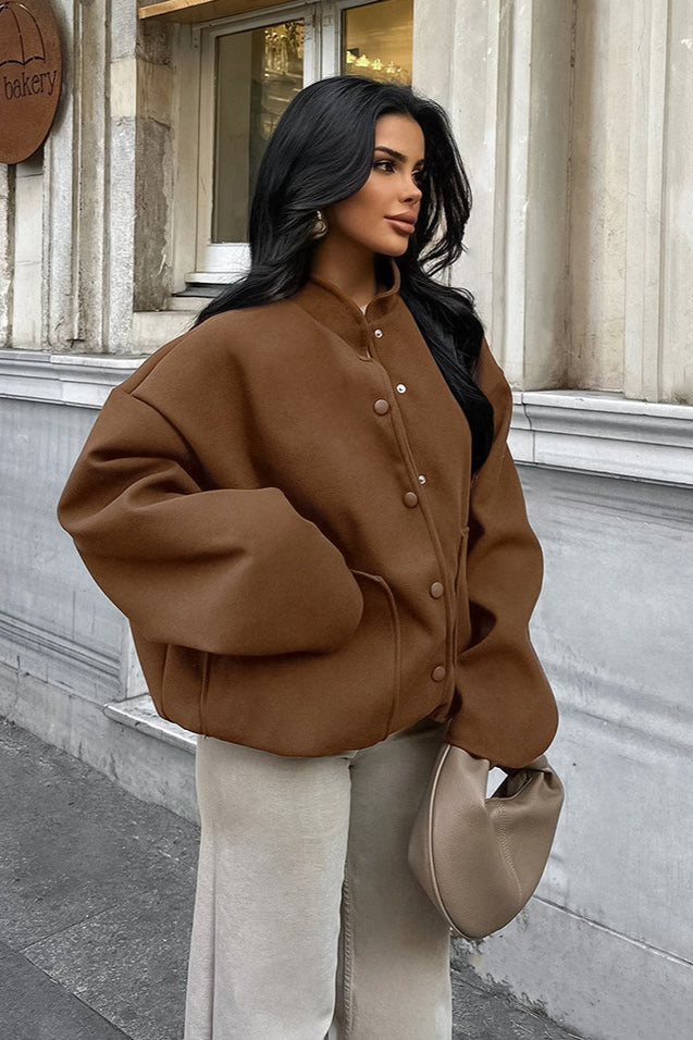 Elegant Melange Brown Wool Coat with Stand Collar Design
