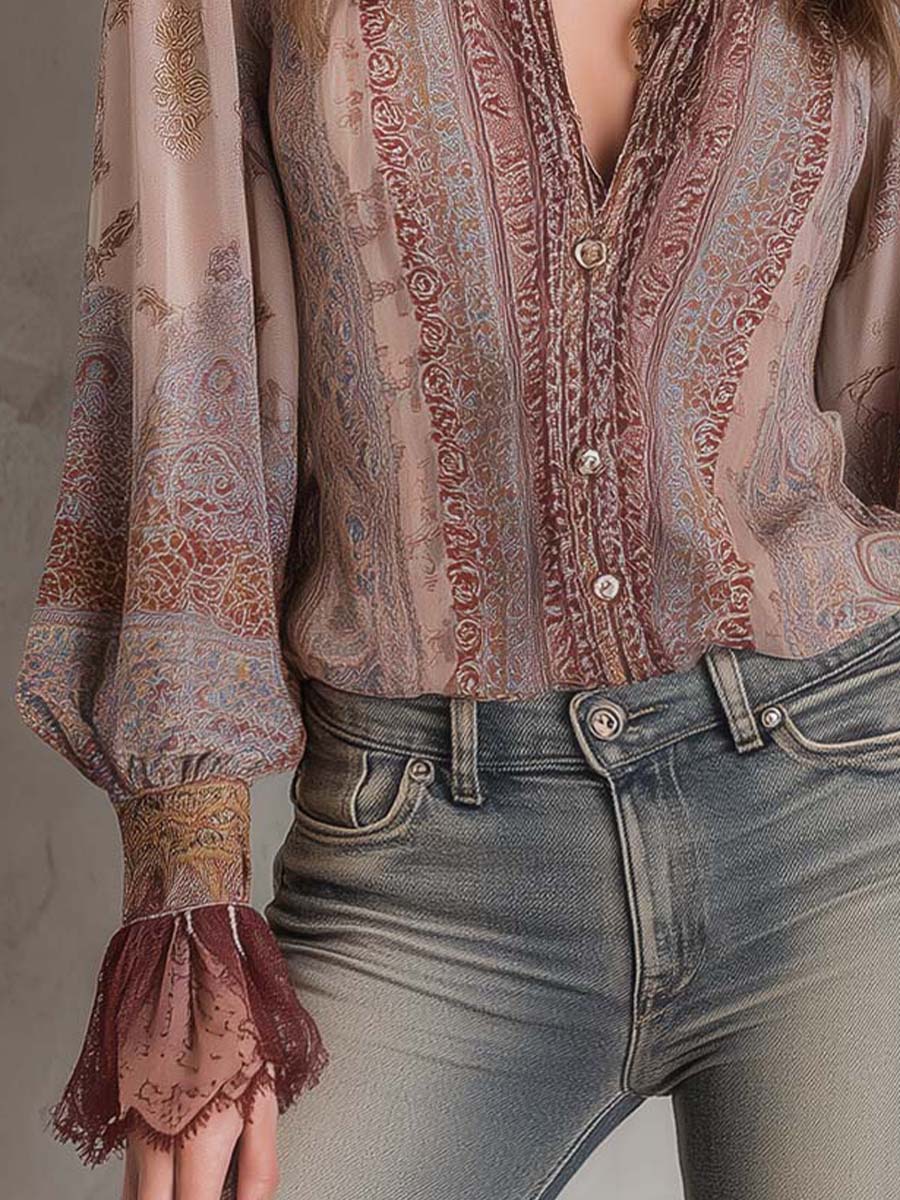 Boho Paisley Sheer Blouse With Lace Cuffs - Fashionpara