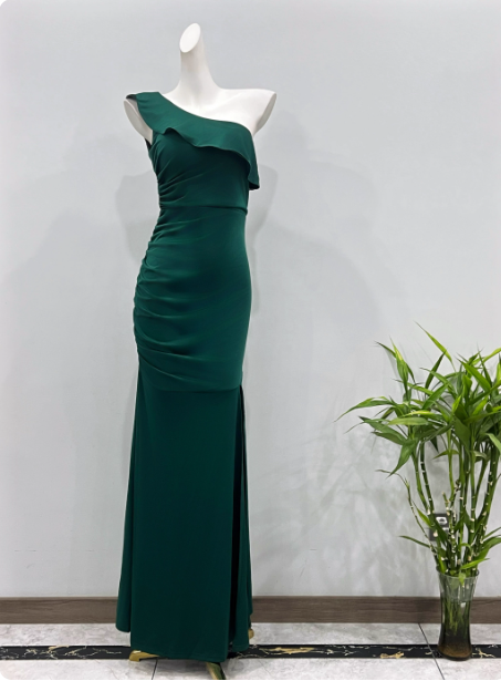 Elegant Deep Emerald Green Mermaid One-Shoulder Ruffled Slit Satin Long Prom Dress Evening Dress P4337