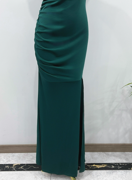 Elegant Deep Emerald Green Mermaid One-Shoulder Ruffled Slit Satin Long Prom Dress Evening Dress P4337