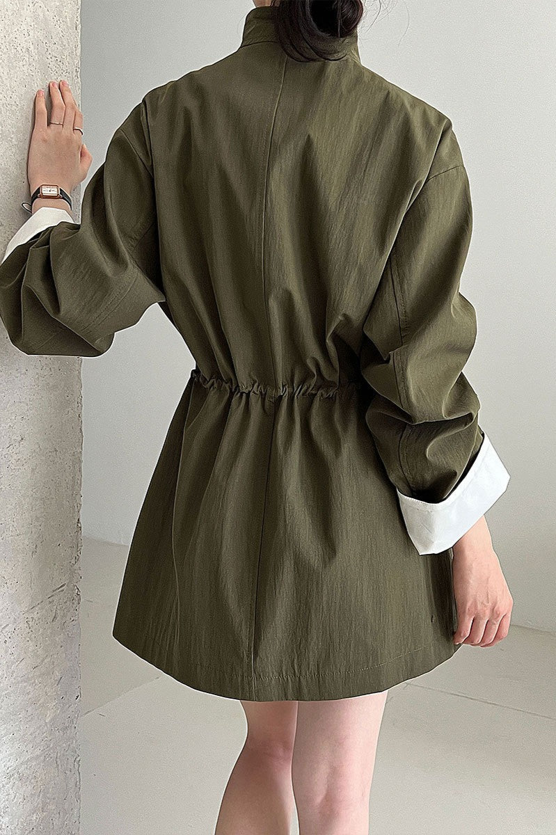 Pocketed Loose Drawstring Trench Coat - Fashionpara