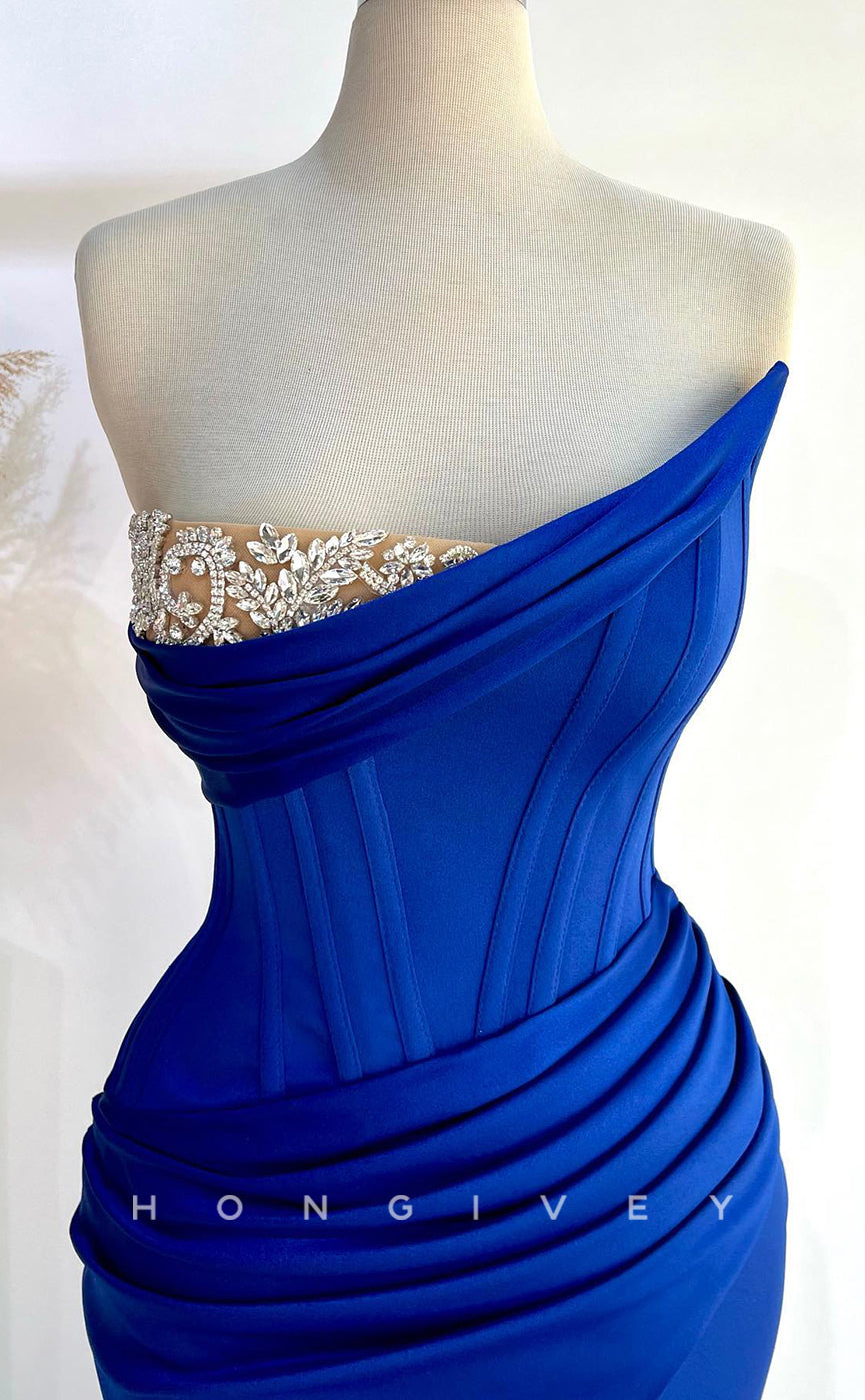 L2782 - Strapless Beaded Trumpet Ruched With Side Slit Party Prom Evening Dress - Fashionpara