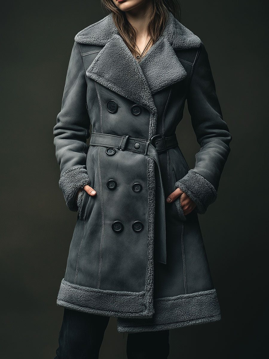 Charcoal Gray Lapel Collar Eco Shearling Double-Breasted Microsuede Coat