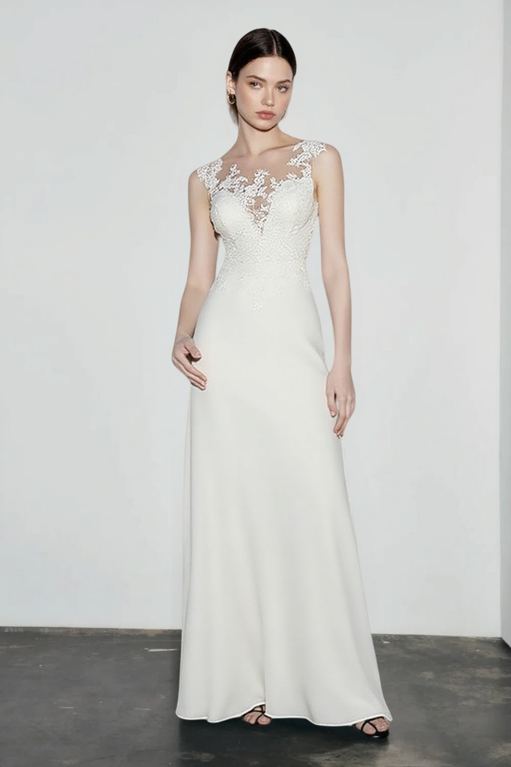 Illusion Neckline Sleeveless Lace Bodice Satin Maxi Gown