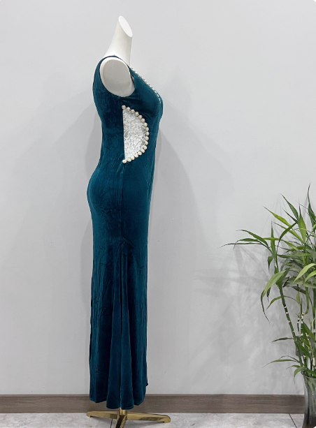 Vintage Deep Peacock Blue Mermaid V-Neck Pearl Slit Velvet Long Prom Dress Evening Dress P4338