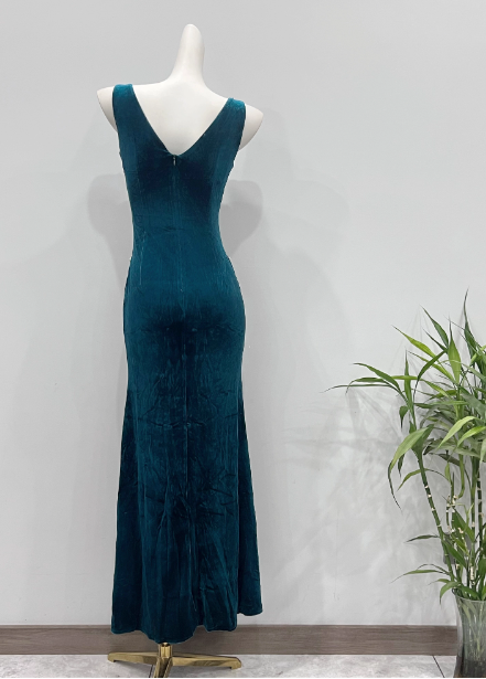 Vintage Deep Peacock Blue Mermaid V-Neck Pearl Slit Velvet Long Prom Dress Evening Dress P4338