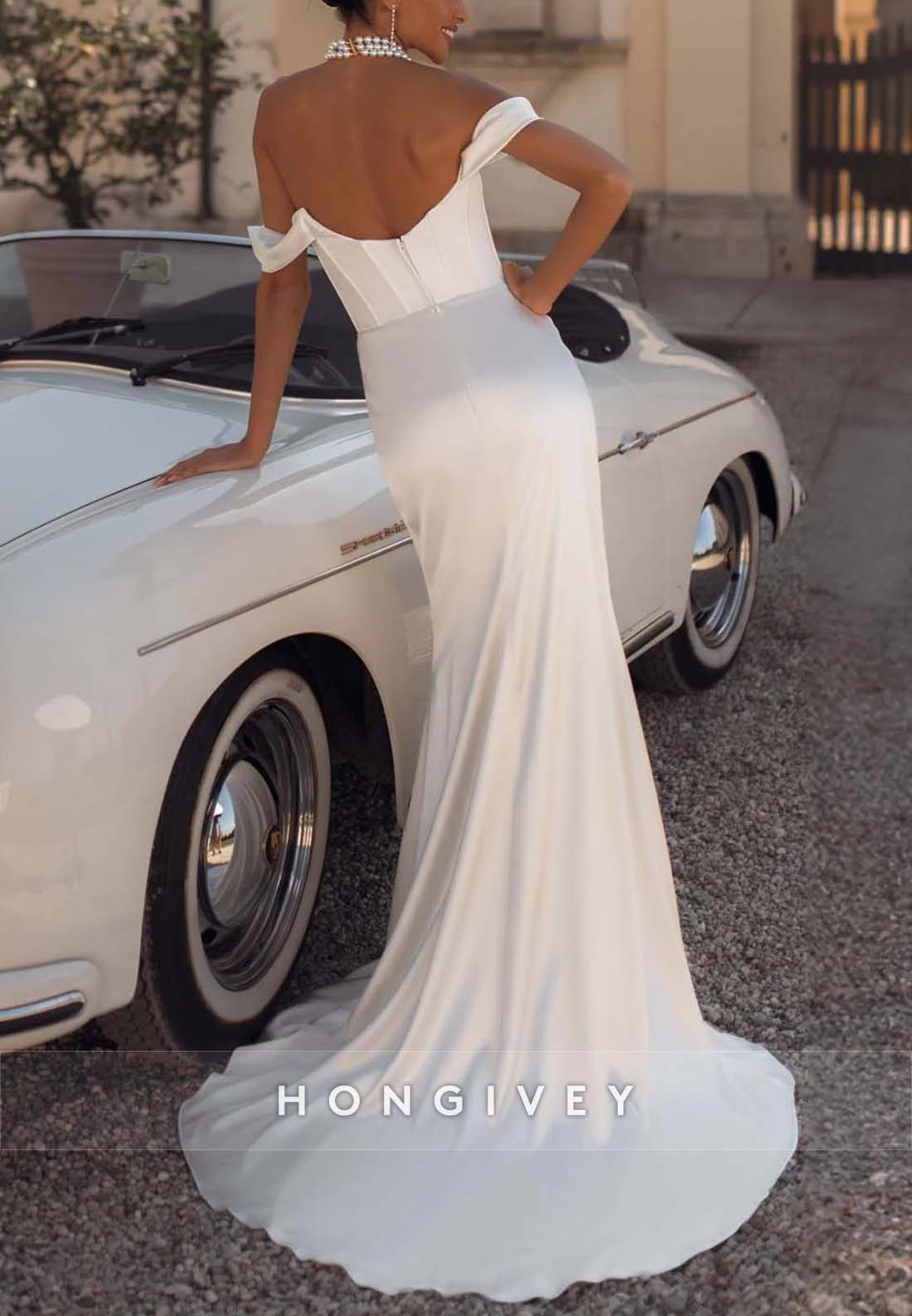 High Slit Satin Low Back Off the Shoulder Court Train Trumpet Wedding Dresses
