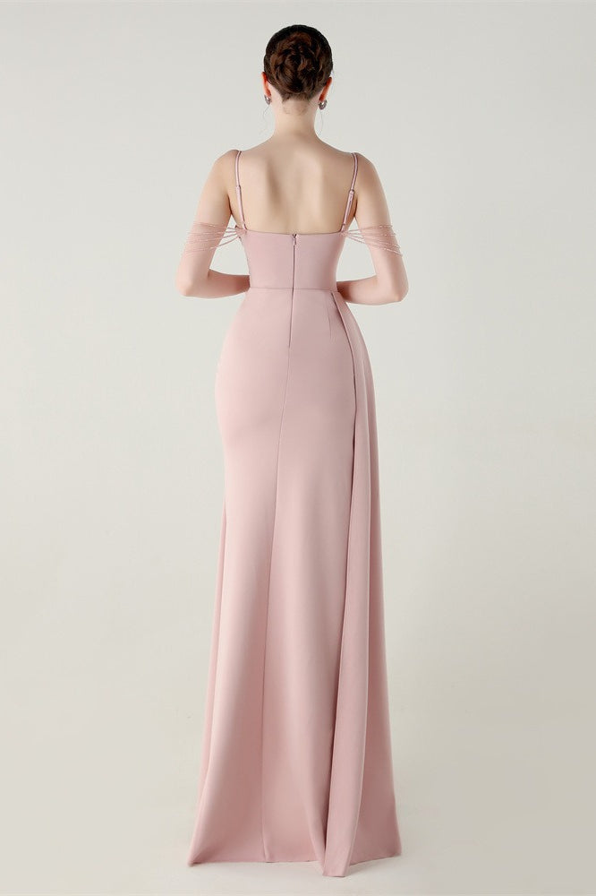 Satin Spaghetti Strap Ruched High Slit Mermaid Gown 13