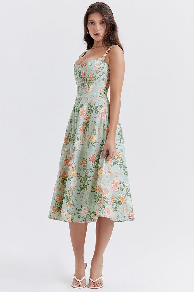 Floral Print Square Neck Corset Midi Dress