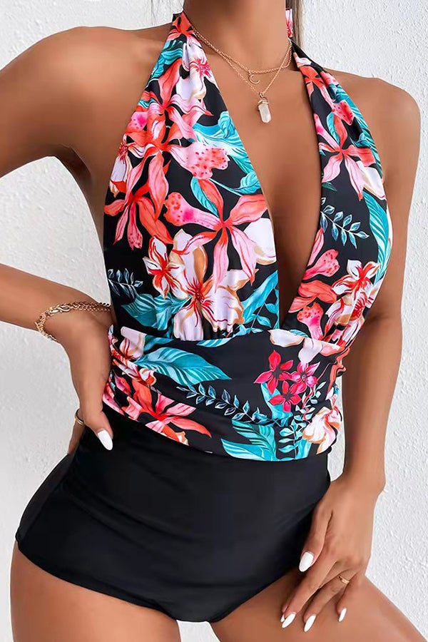 Deep V Open Back Leaf Print One-piece Swimsuit - Fashionpara