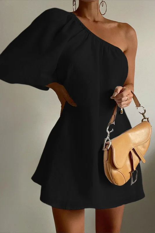 One Shoulder Cotton Linen Mini Dress