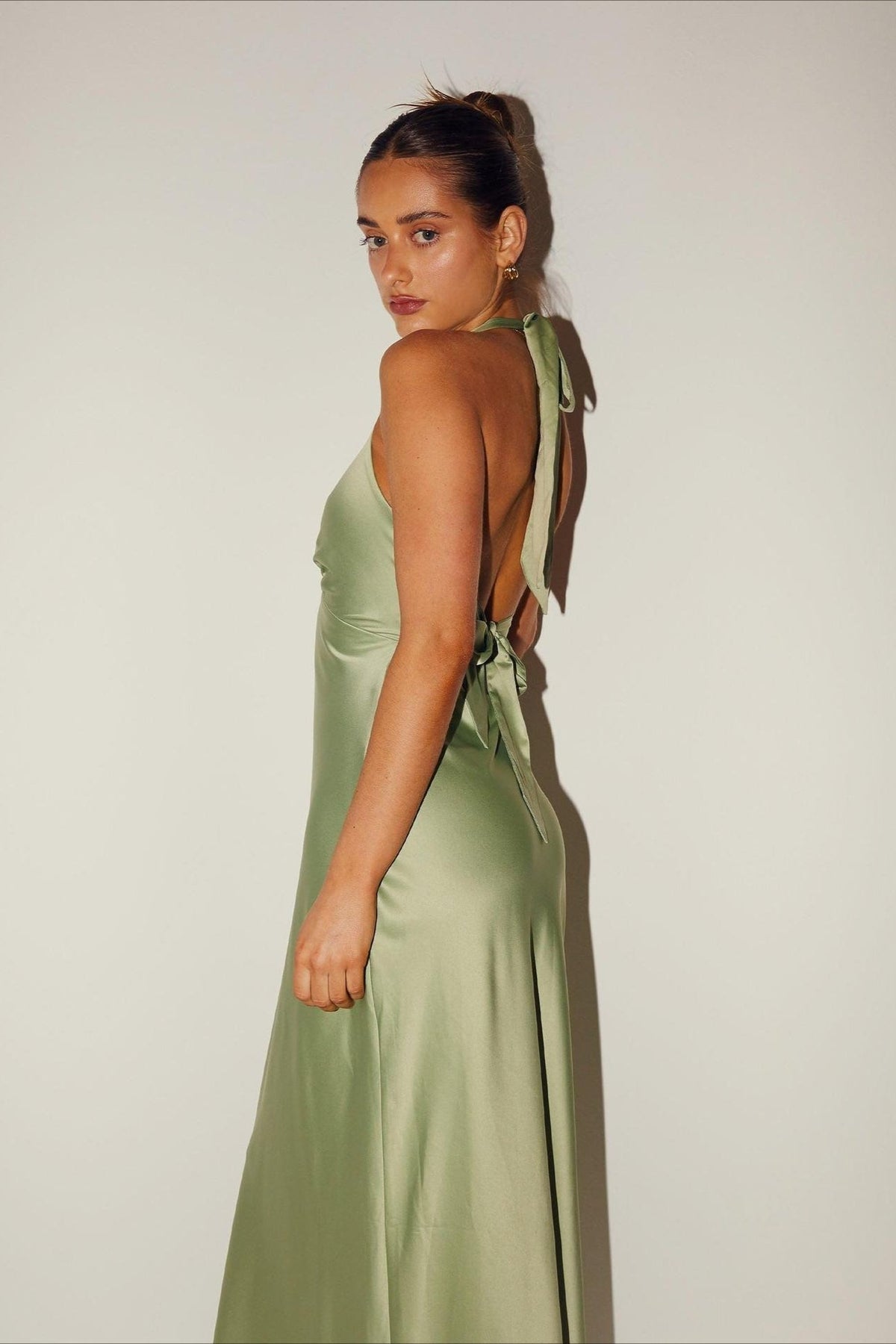 Satin Halter V-Neck Bias Cut Maxi Bridesmaid Gown
