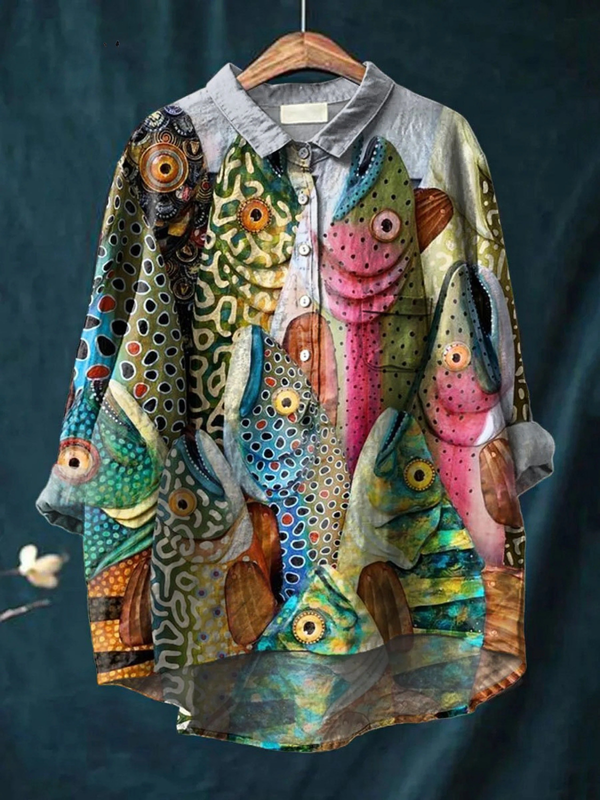 Fish Art Print Collared Long Sleeve Shirt