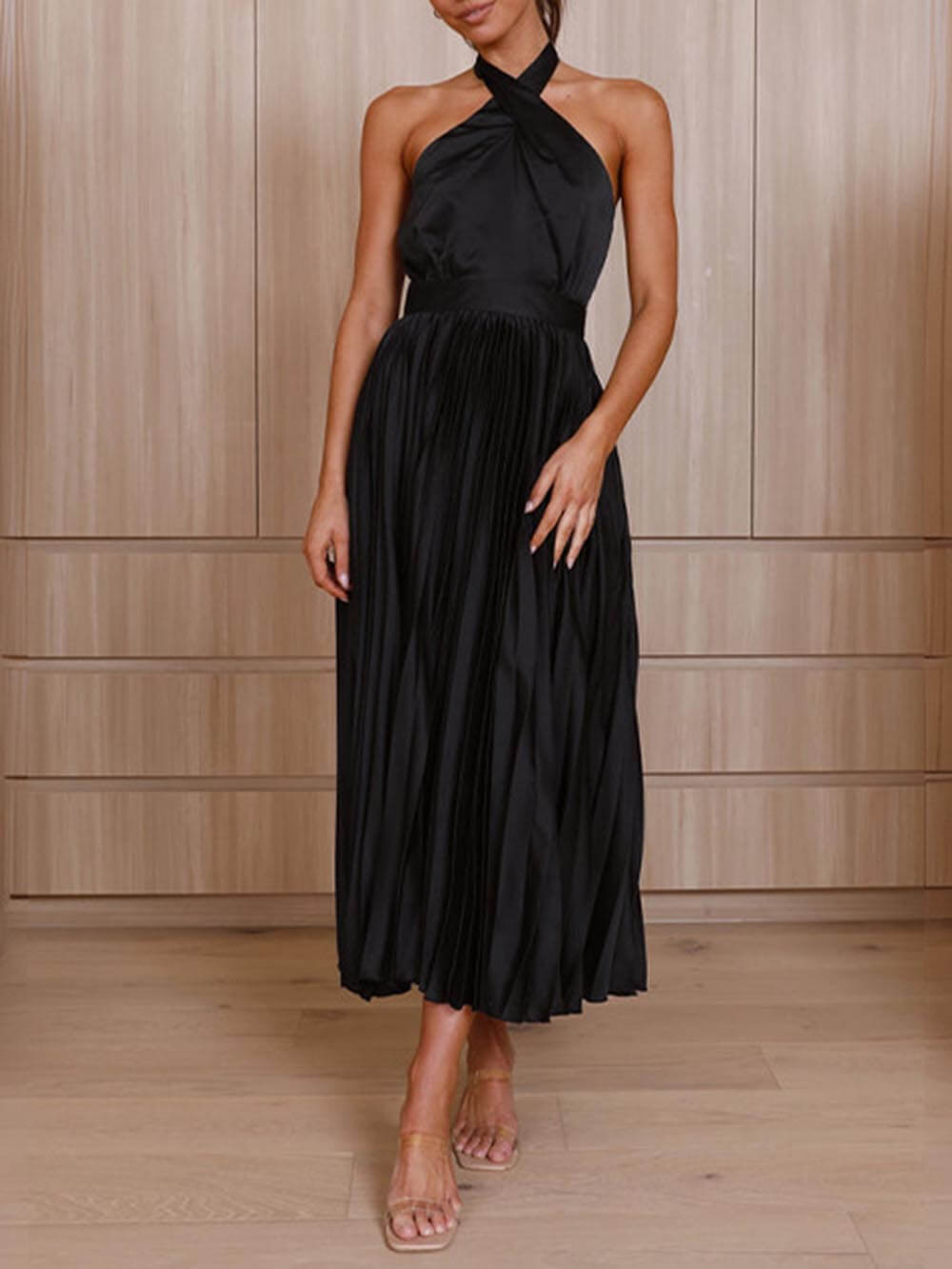 Neckline Pleated Vacation Party Midi Dresses - Fashionpara