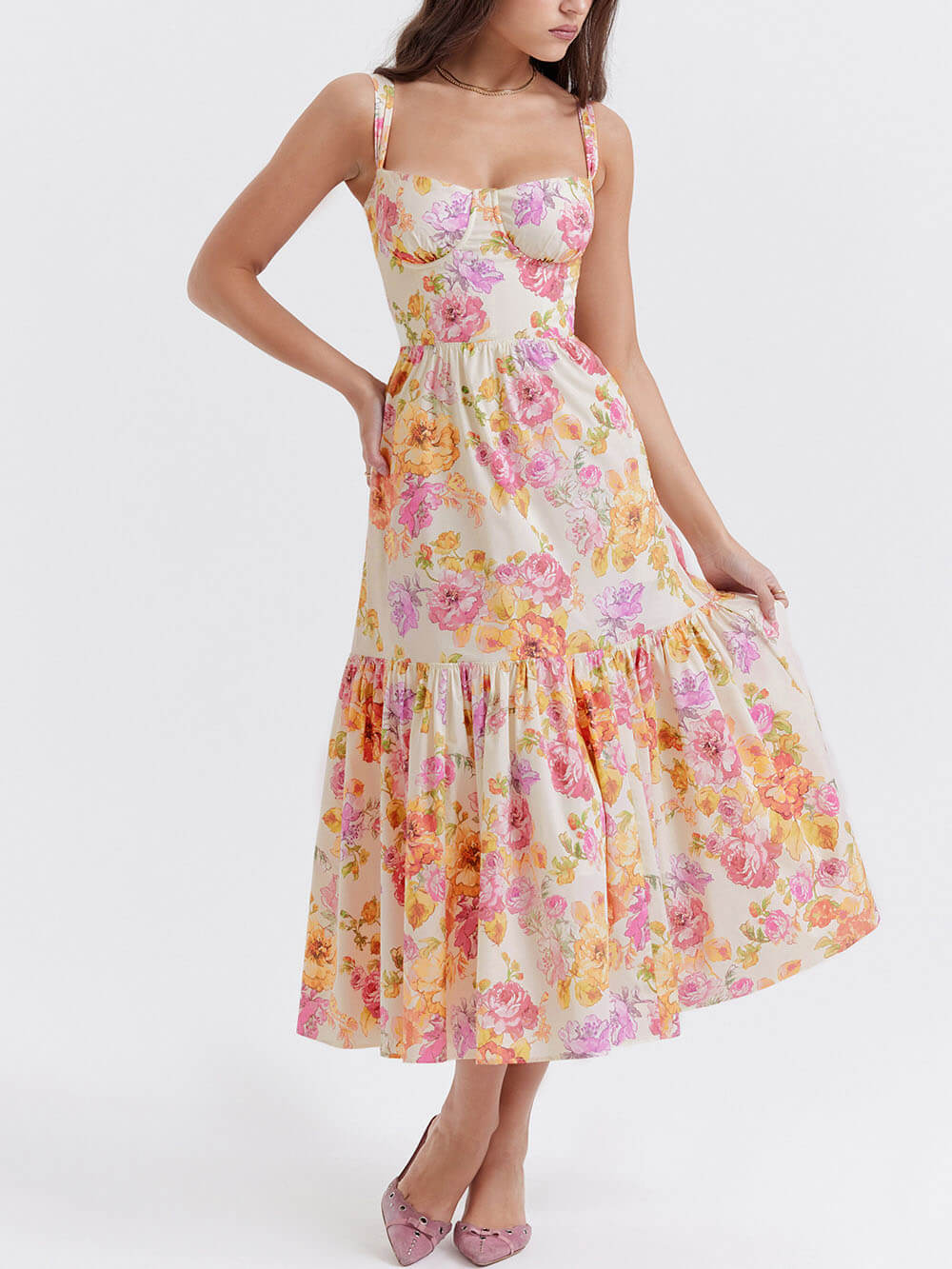 Strap A-Hem Floral Midi Dress - Fashionpara