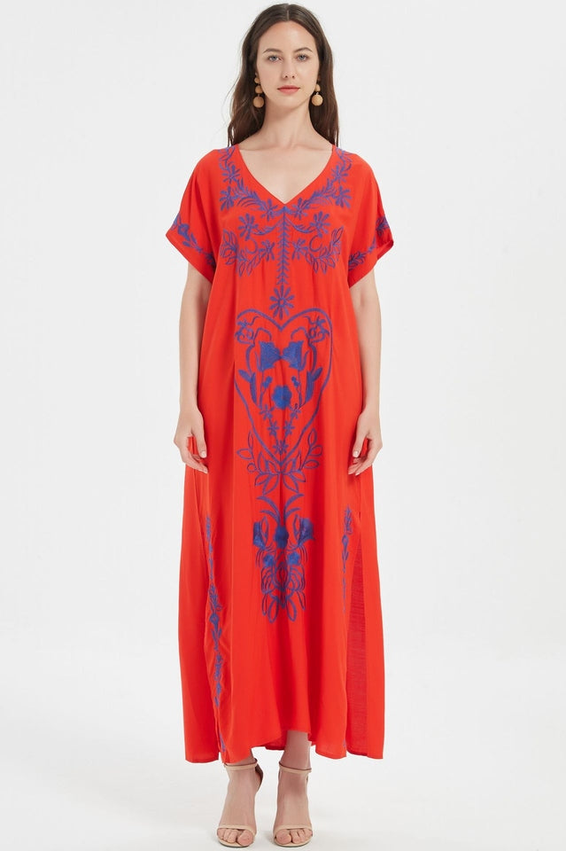 Embroidered V-Neck Short-Sleeve Kaftan Maxi Dress 29
