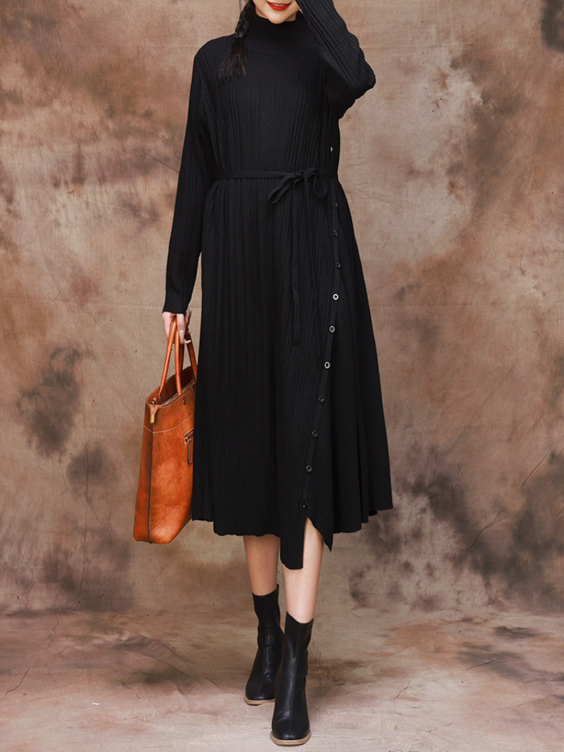 Solid Color Collar A-Line Dress with Thin Belt for Women - Fashionpara