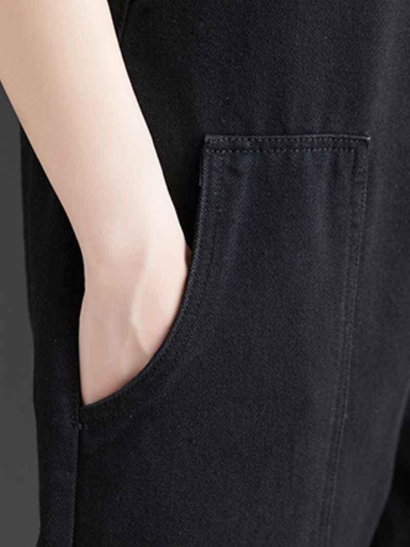 Denim Loose Shoulder Strap Large Size Black Overalls - Fashionpara
