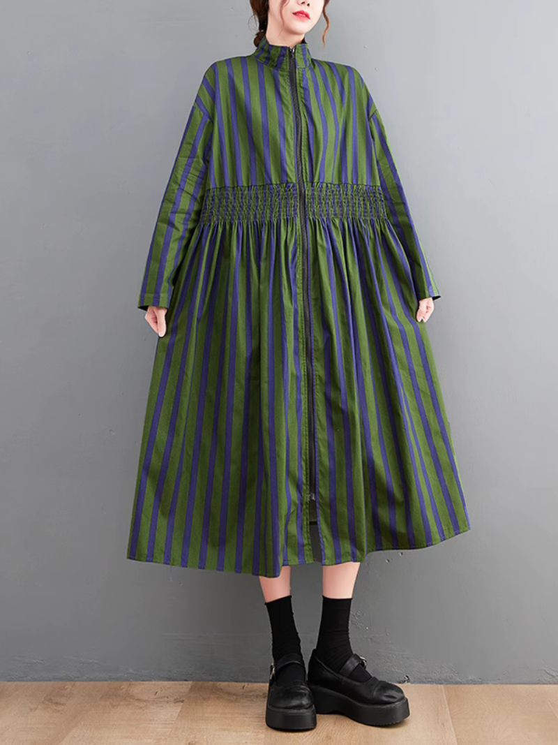 Striped Stand Collar Long Sleeve Zip-Front A-Line Midi Dress 3