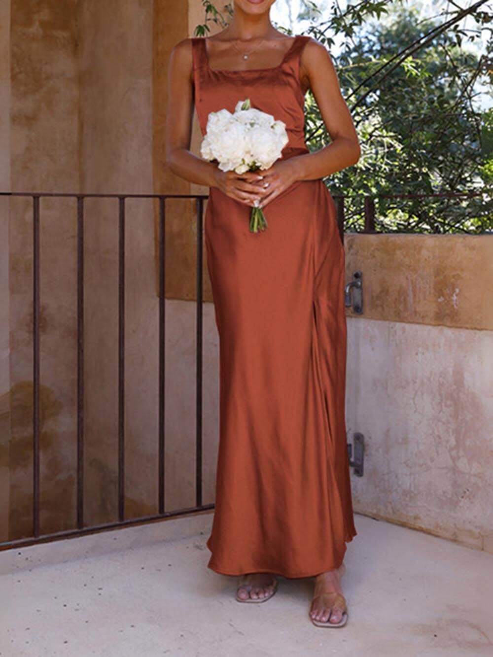 Satin Square Neck Ruched High Split Maxi Dress - View 7