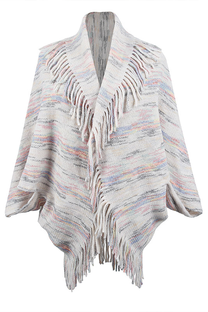 Color Striped Fringed Knit Shawl Sweater - Fashionpara